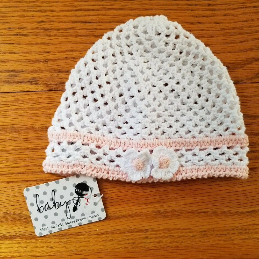 Baby Hat White Crochet Pink Trim Infant Girl's Cap